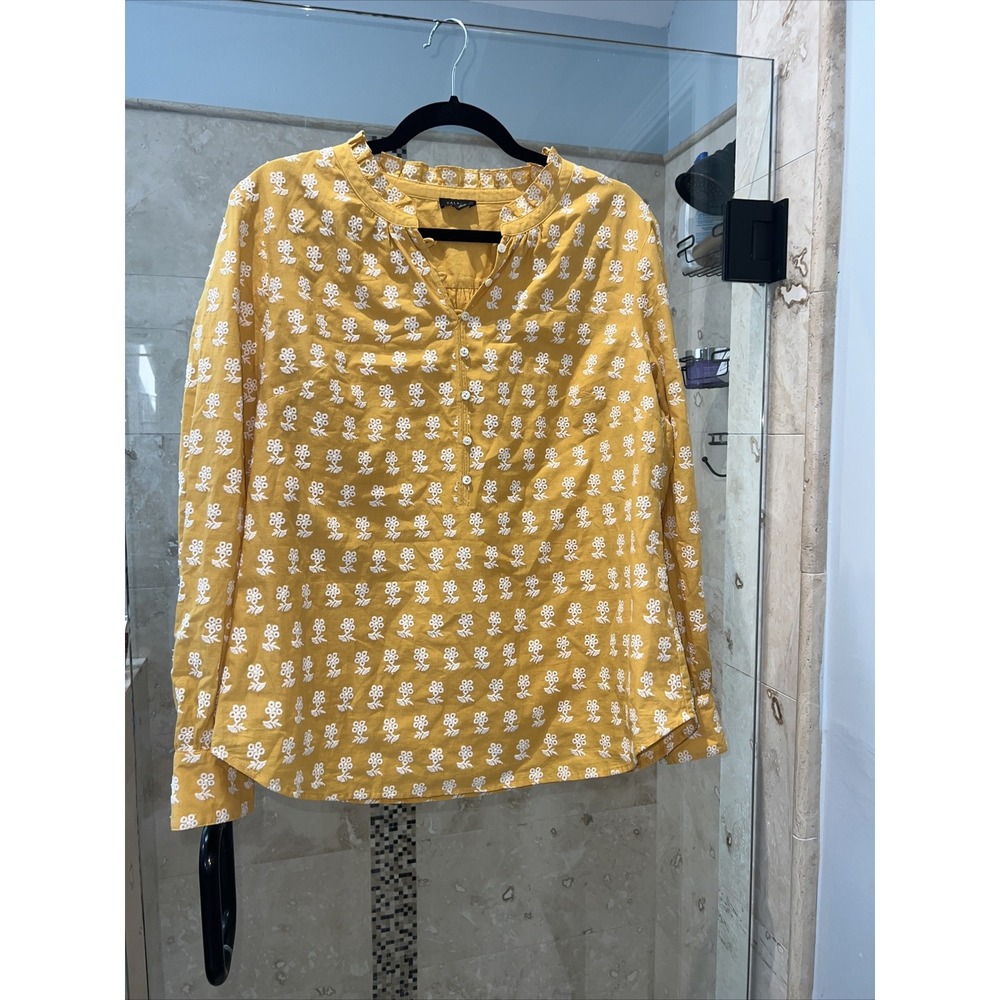 Talbots Womens Yellow White Embroidered Cotton Peasant Blouse Ruffle Neck L